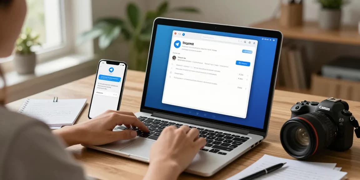 Setting up Telegram Chinese language interface on a laptop in a modern workspace.