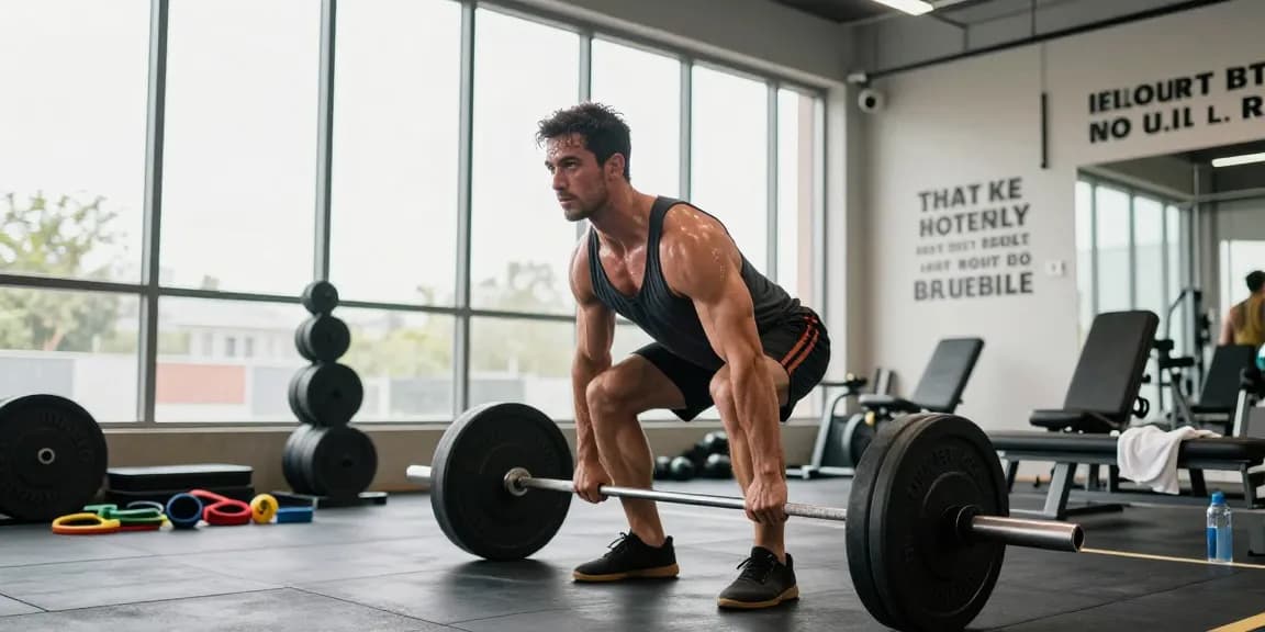Anabolika Shop: Bodybuilder beim Deadlift im modernen Fitnessstudio, motivierende Atmosphäre.