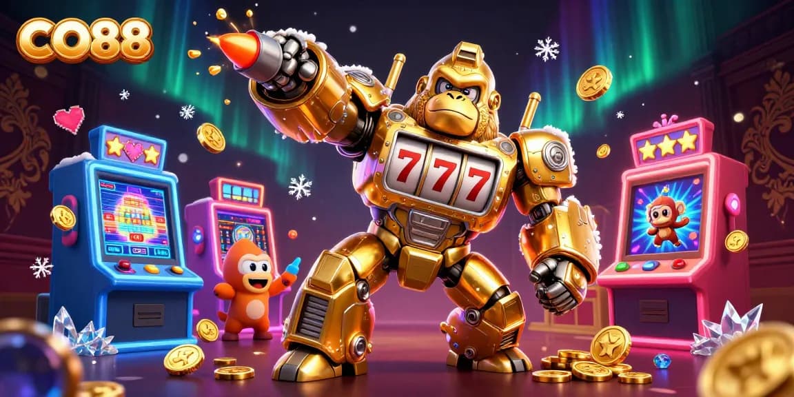 CO88 illustrated as a golden gorilla mech with vibrant slot machines, showcasing excitement and winning.