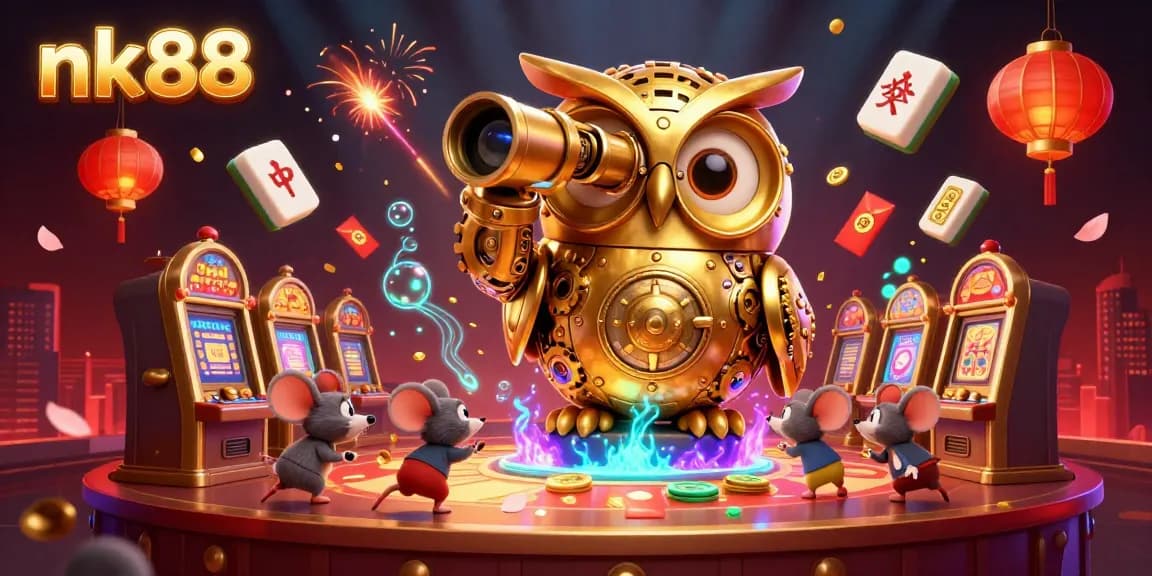 Engage with the dynamic nk88 casino scene featuring a golden owl and animated mouse patrons amidst immersive casino elements.