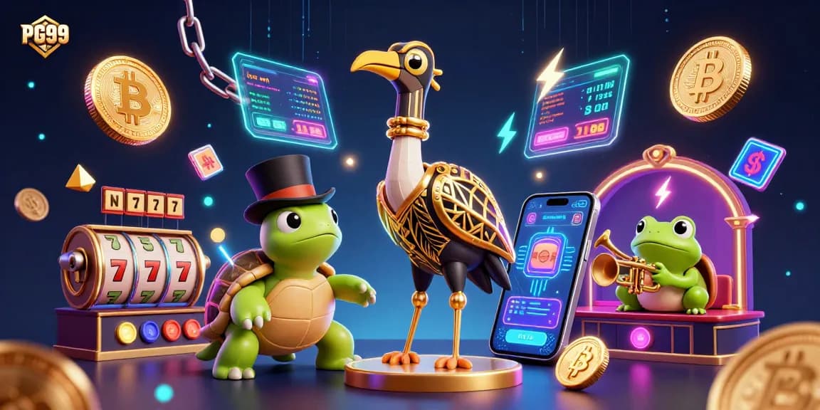 Engage with PG99's dynamic casino scene featuring a whimsical turtle and enchanting crane.