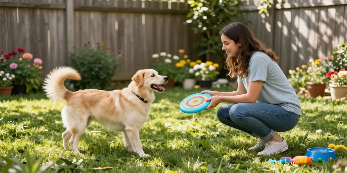 A joyful pet owner playing with her dog using DEWI111 frisbee in a sunny backyard.
