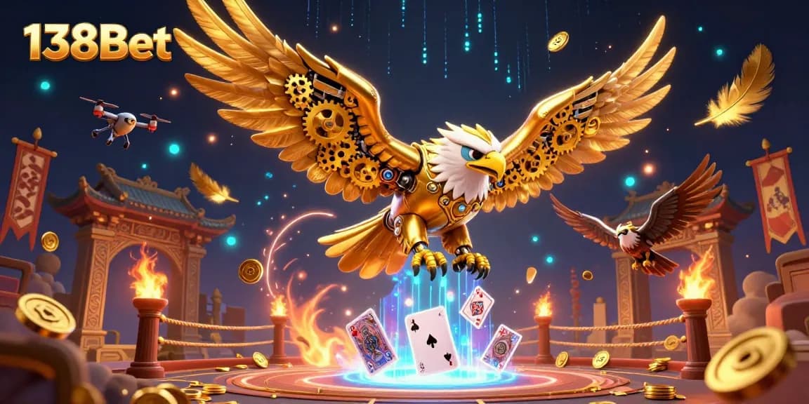 Experience thrilling gameplay with 138Bet, where a cybernetic eagle dives through vibrant holographic cards.