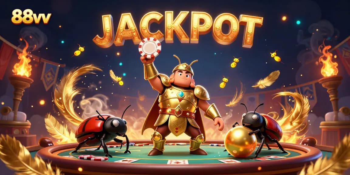 Experience the excitement at 88vv with a triumphant hercules beetle at a vibrant poker table, surrounded by golden elements.