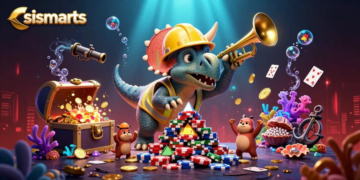 csismarts showcases a triceratops building poker chips while underwater treasures explode around it