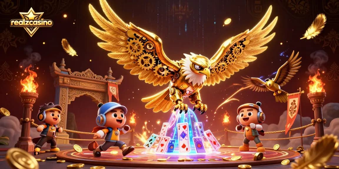 realzcasino präsentiert eine dynamische Casino-Szene mit einem goldenen digitalen Adler, der durch Spielkarten taucht.