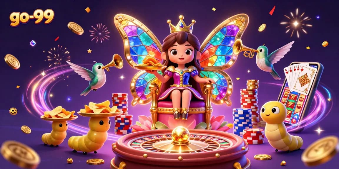 Join the excitement at go-99 with vibrant casino elements and a magical butterfly queen!