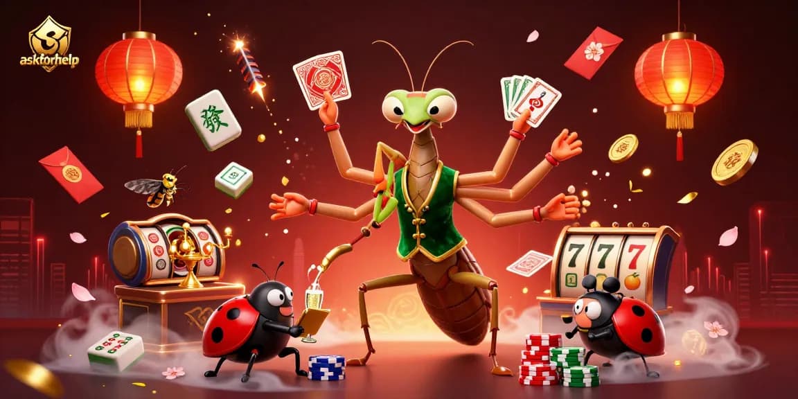 Engage in the thrills of casino games with askforhelp featuring a mantis and ladybug amidst vibrant slot elements.