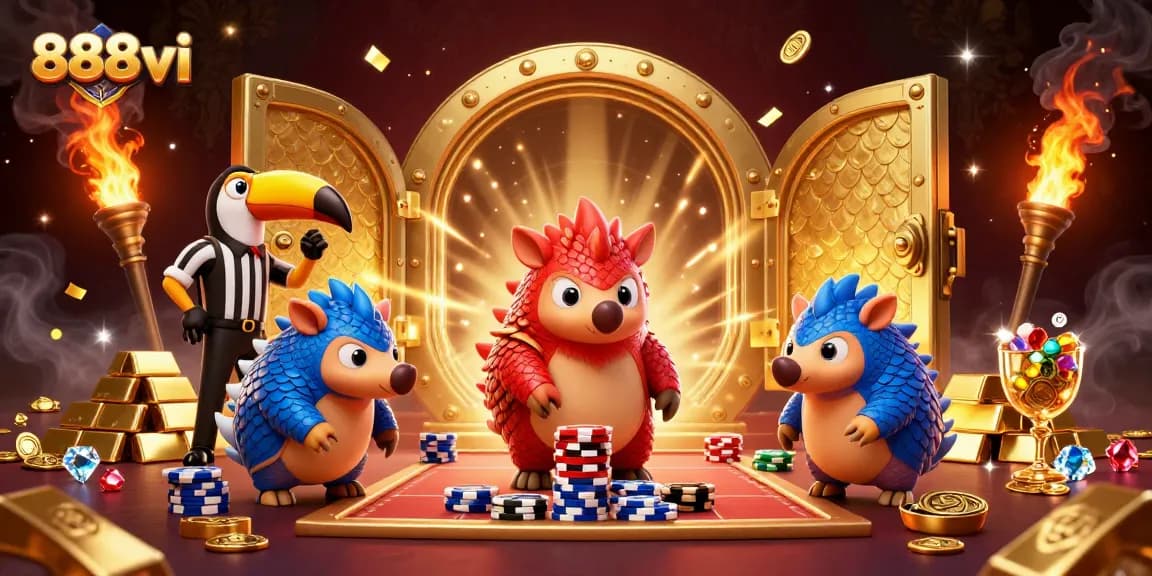 Experience exciting gameplay at 888vi with rival pangolins and poker chips, celebrating big wins.