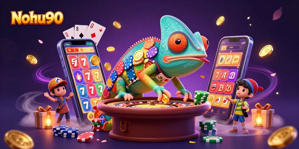 Nohu90 chameleon casino owner catches coins while surrounded by vibrant slot and poker elements.