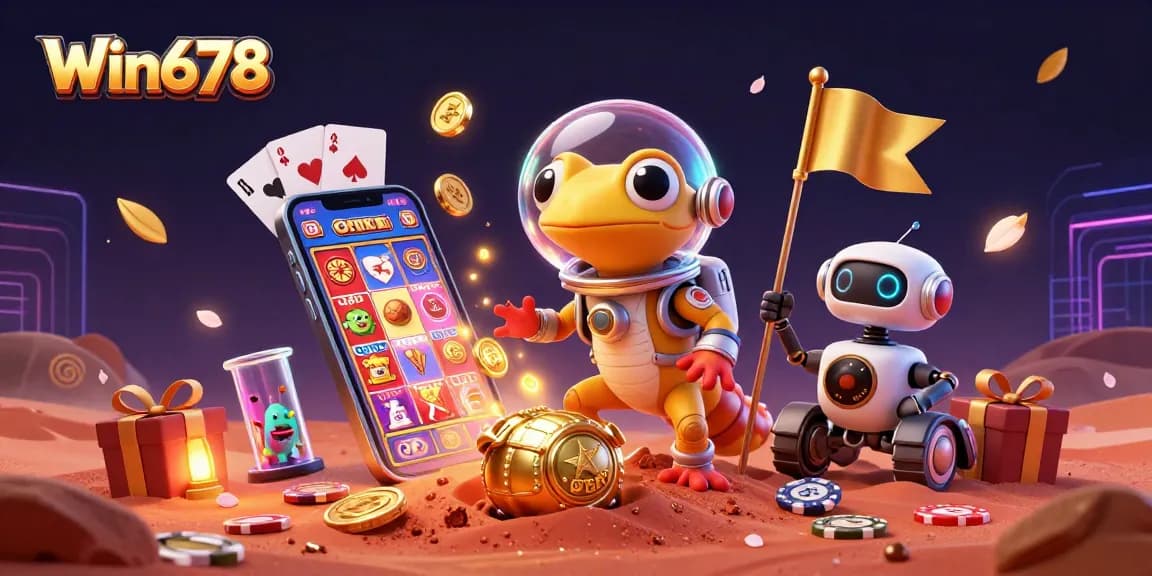 Win678 captures a colorful slot game action with animated characters in a vibrant casino setting.