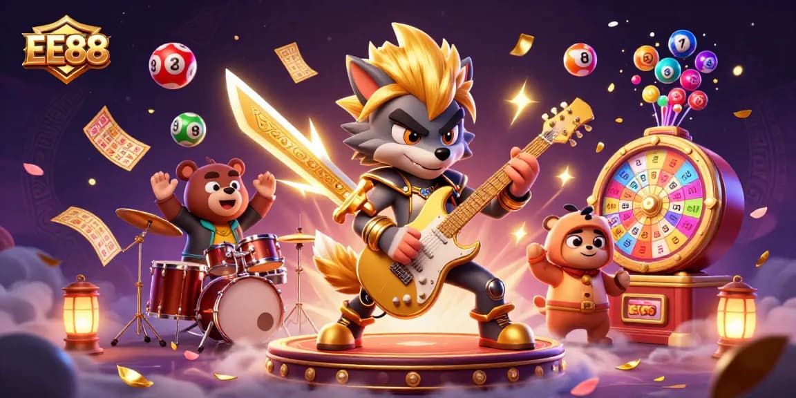 EE88 showcases a dynamic casino stage with a rock star wolf and drummer bear amidst vibrant gaming elements.