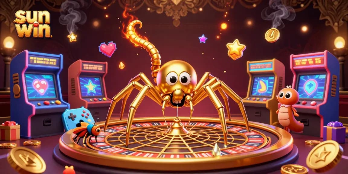 Experience the thrill of betting in this sun win-inspired casino scene with a golden spider and centipede croupier.