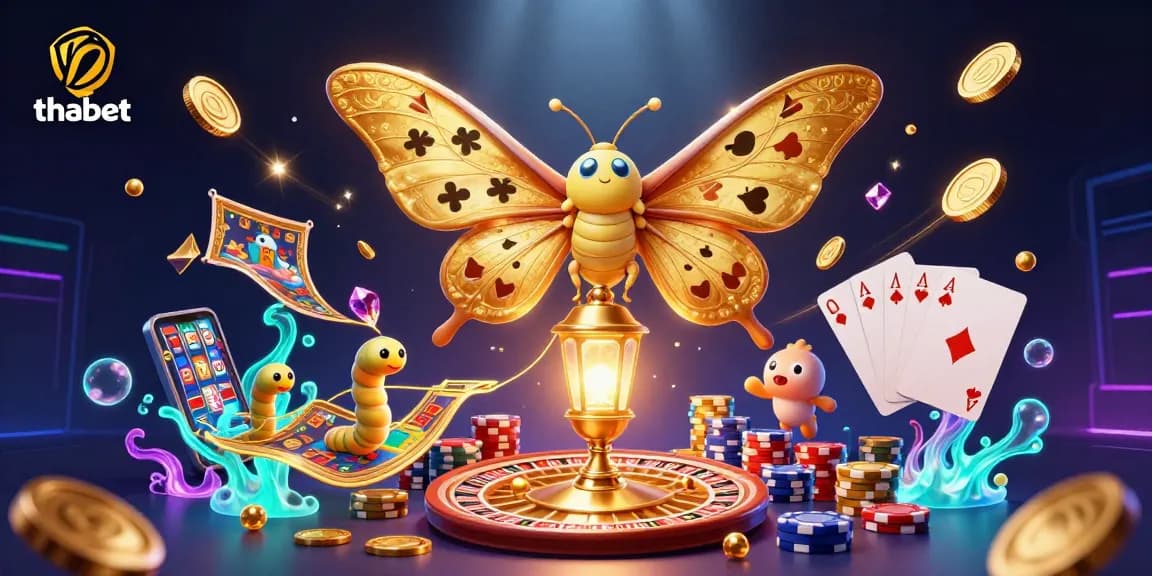 Experience thrilling games at thabet with a dazzling moth, coins, and slot elements, all in a vibrant 3D scene.