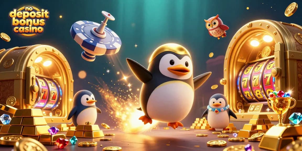Spin exciting reels at a no deposit bonus casino while a golden penguin zooms through a vibrant space scene.