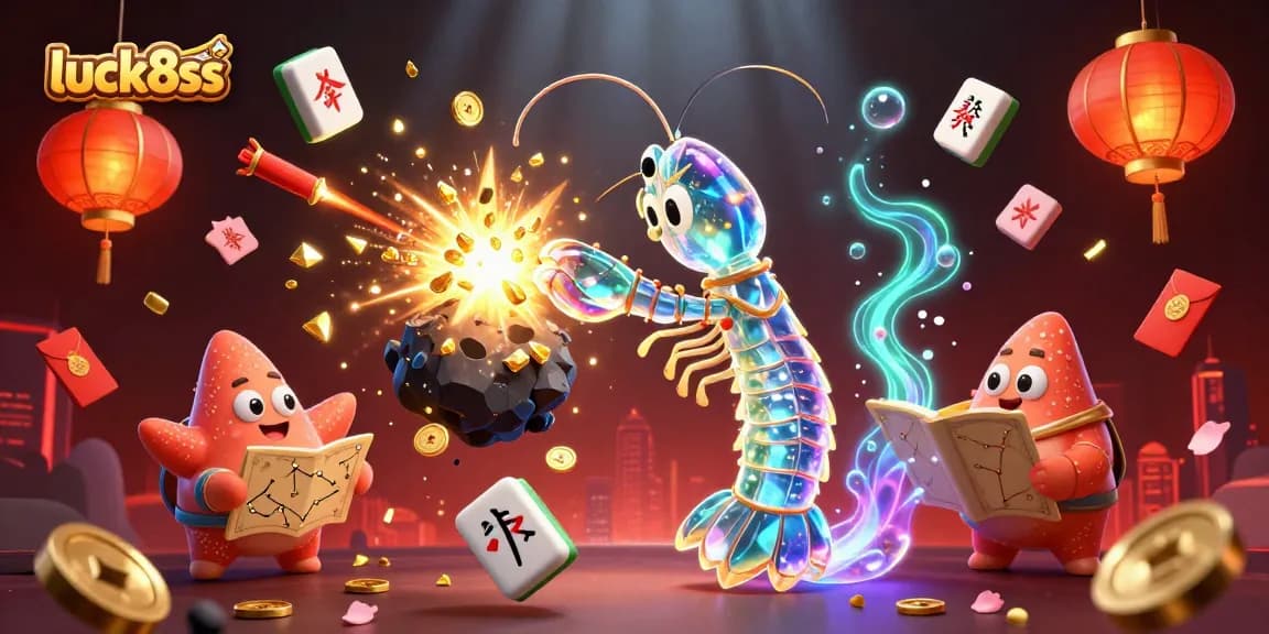 Luck8ss gaming scene showcasing a galactic mantis shrimp amid festive casino elements, enhancing your winning experience.