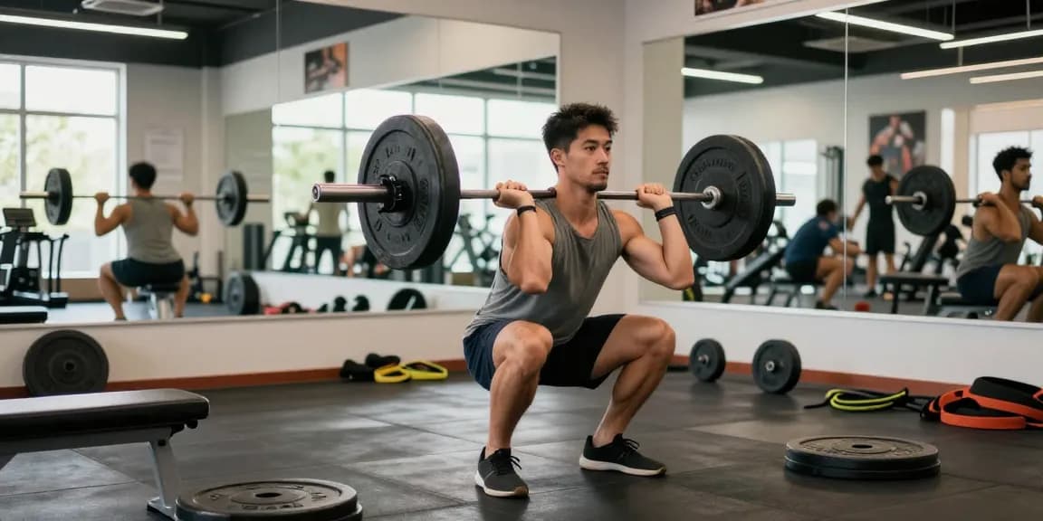 Kraftsportler führt schwere Kniebeugen in einem modernen Fitnessstudio aus und demonstriert Krafttraining im Anabolika Shop.