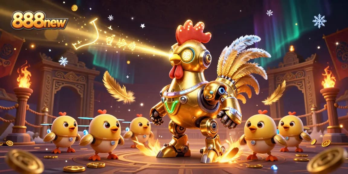 Engage in thrilling gameplay with 888new as vibrant golden rooster robot and baby chick drones adorn the casino scene.