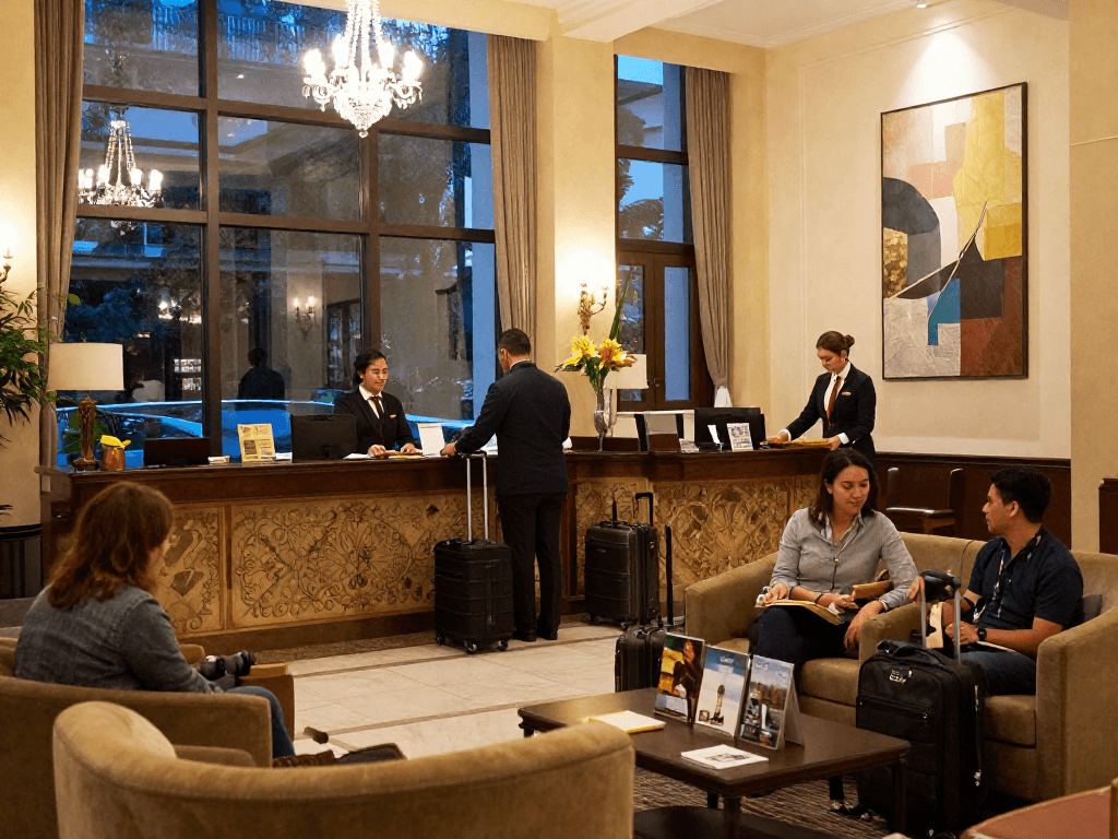 The rokok88 login portal features a modern hotel lobby welcoming guests for a comfortable stay.