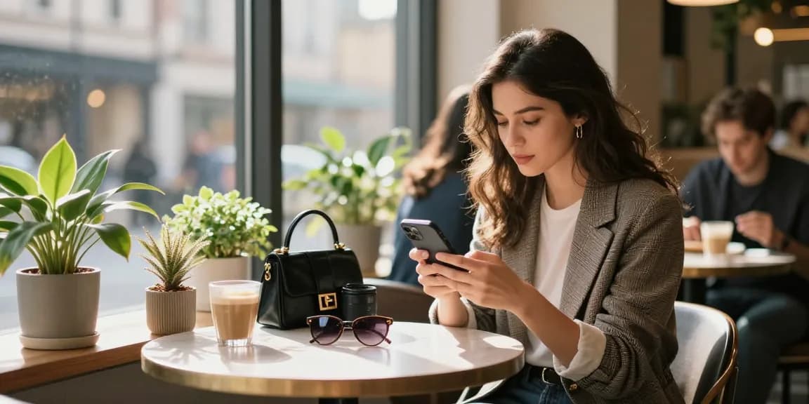 Weibliche Instagram Likes kaufen in einem modernen Café mit einer stilvollen Frau, die ihre Benachrichtigungen überprüft.