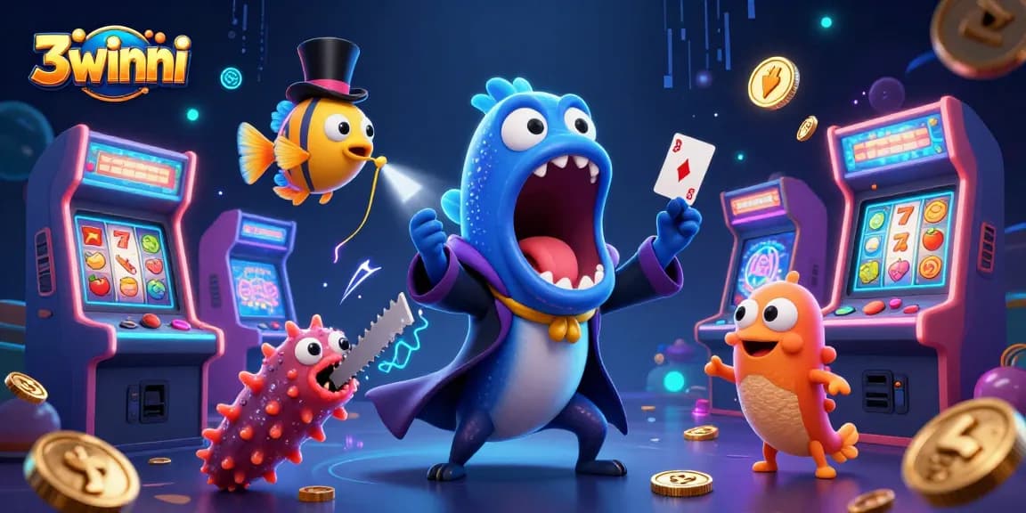 Experience thrilling card tricks with 3winni's bioluminescent characters in a vibrant casino scene.