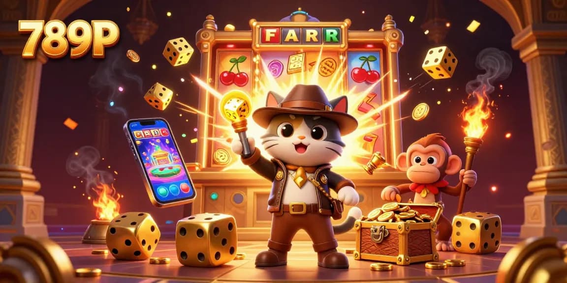 Experience the excitement at 789P as a cartoon cat finds a golden jackpot artifact in a dynamic casino scene.