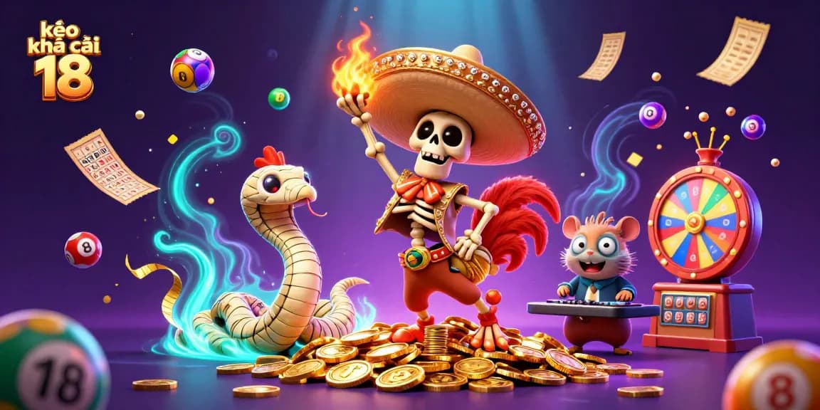 Engage with kèo nhà cái 18's vibrant lottery scene featuring a mariachi rooster and colorful gambling elements.