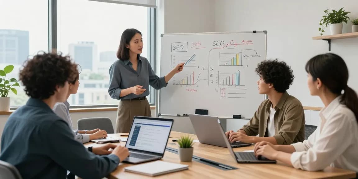 SEO Berater, der mit einem Team in einem modernen Büro zusammenarbeitet und Strategien sowie Analysen präsentiert.