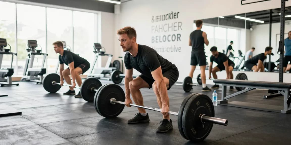 Anabolika Shop Deutschland: Athletischer Mann beim Kreuzheben in einem modernen Fitnessstudio, das Fitness und Krafttraining hervorhebt.
