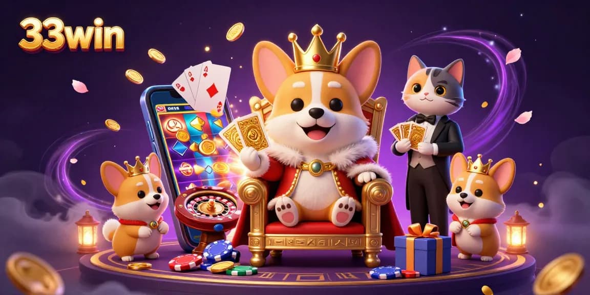 Experience the excitement of 33win with a cartoon royal corgi on a throne of poker chips surrounded by vibrant casino elements.