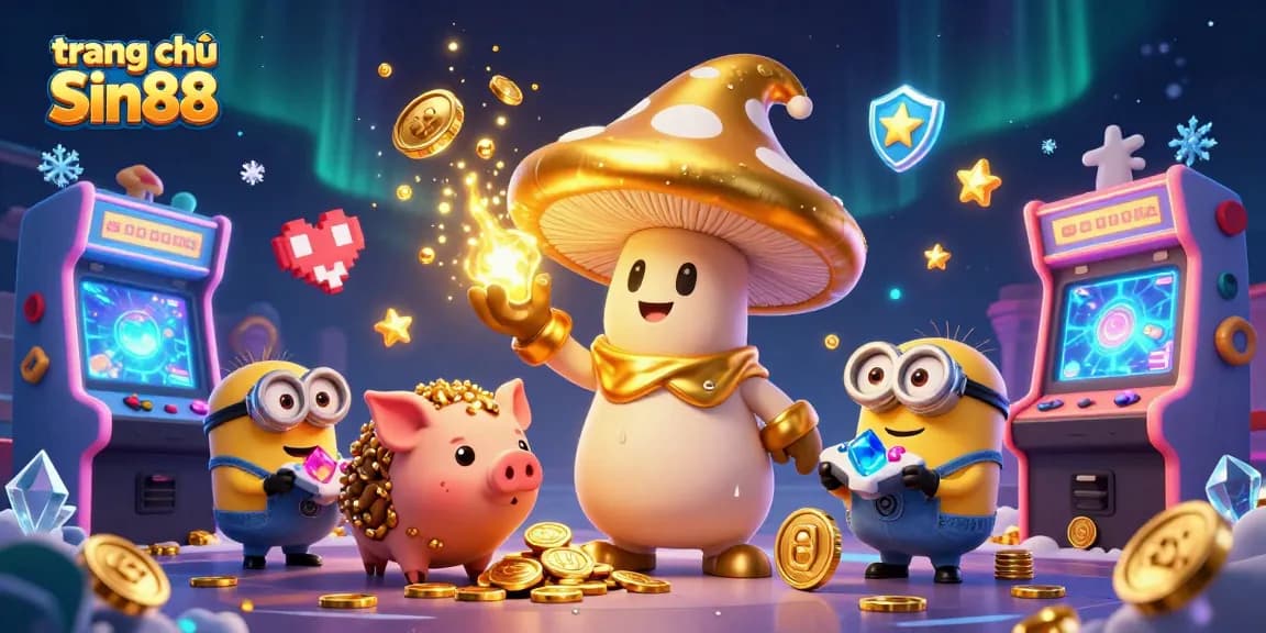 Engage with the vibrant world of trang chủ Sin88, featuring a golden mushroom wizard surrounded by gaming treasures.