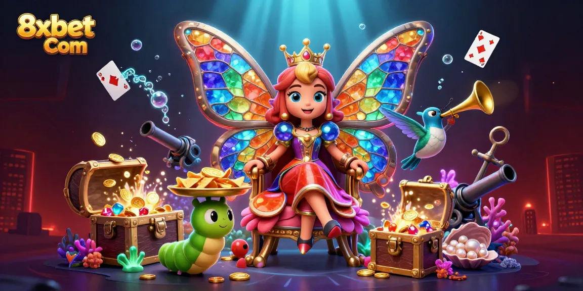 Experience the vibrant 3D scene of 8xbet Com filled with casino elements and enchanting characters.