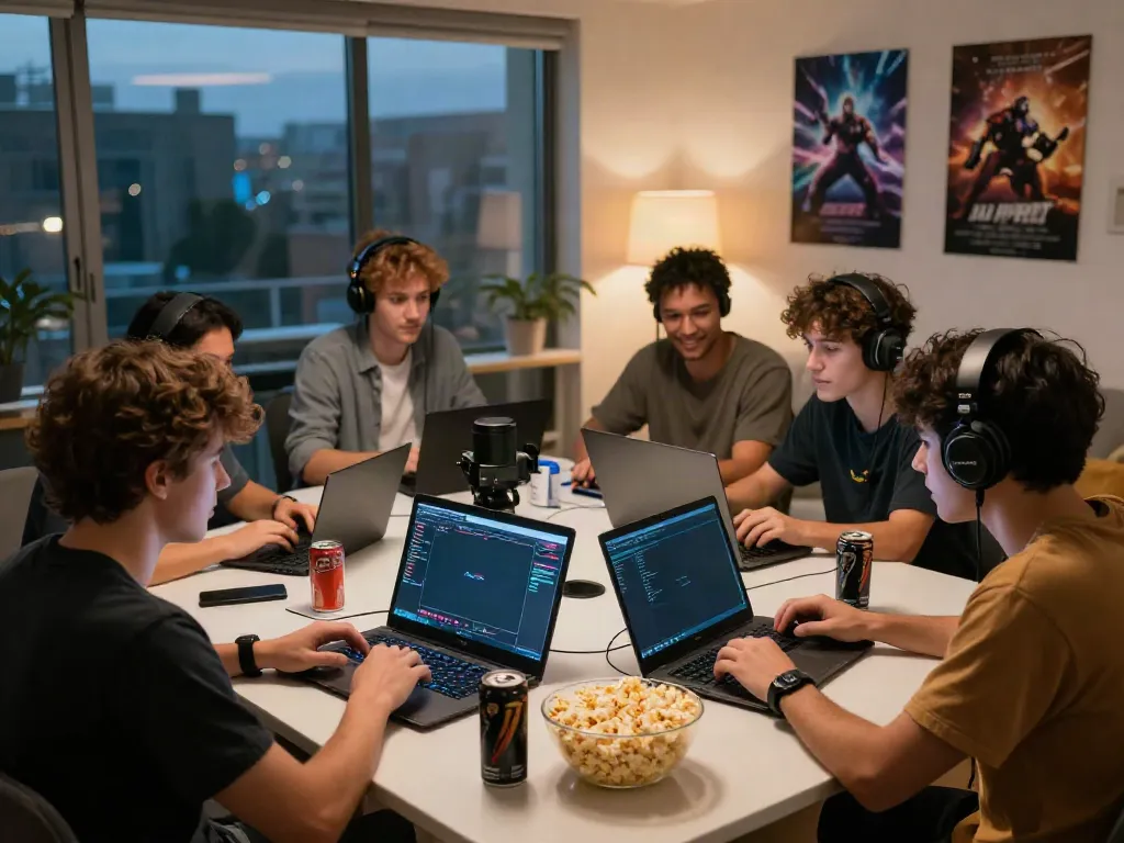 Engaged friends discussing gaming patterns while enjoying snacks at home during a ROKOK88 login session.