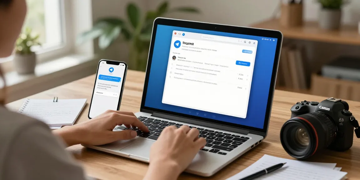 Setting up Telegram Chinese language interface on a laptop in a modern workspace.