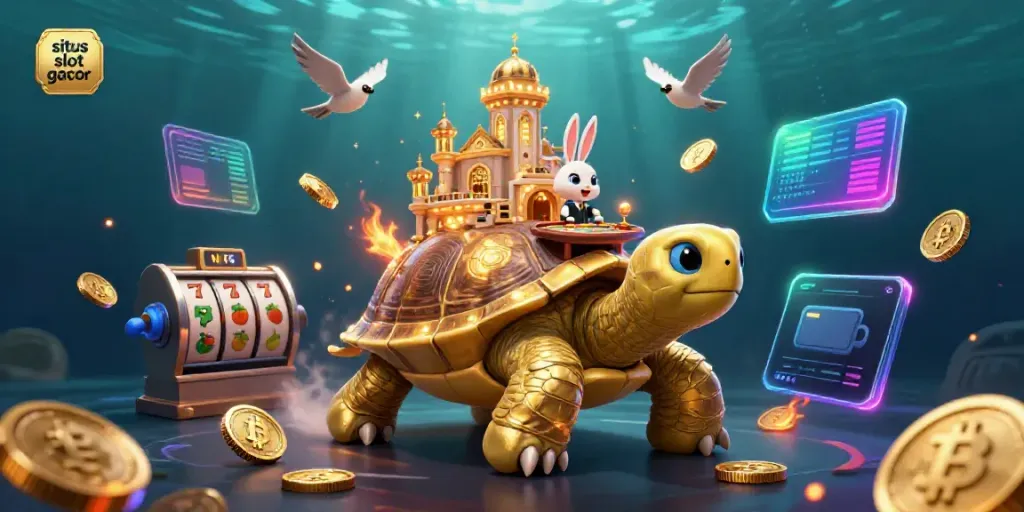 Savor the excitement of situs slot gacor with thrilling slot symbols and golden rewards featuring a cartoon tortoise and rabbit dealer.