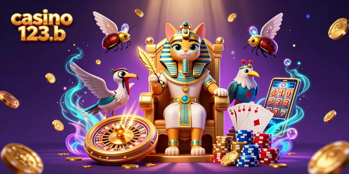 Win big at casino 123b with a vibrant 3D illustration featuring a pharaoh cat throne, spinning roulette, and vibrant game elements.