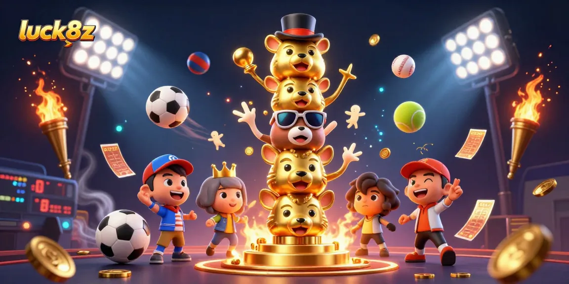 Experience the excitement with luck8z in a dynamic casino-themed 3D scene featuring golden totem pole and sports elements.
