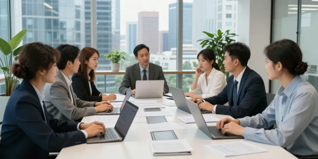Equipe de profissionais discutindo estratégias de negócios no BPI Net Empresas em um escritório moderno com vista para a cidade.