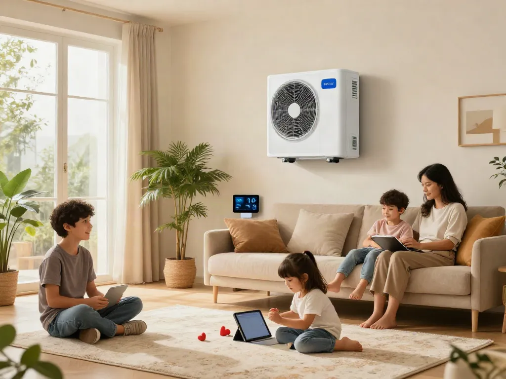 Moderne Wärmepumpen-Technologie in einem gemütlichen Wohnzimmer mit spielenden Kindern und Pflanzen.