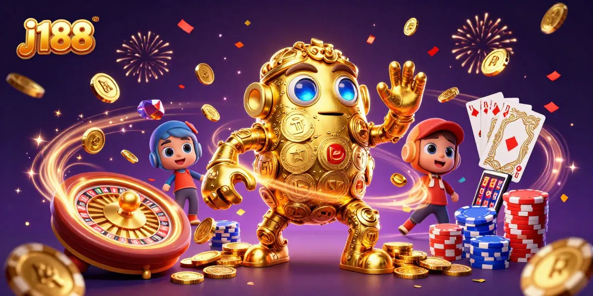 Win big with j188 at the ultimate casino experience featuring a golden golem amidst swirling slot symbols.