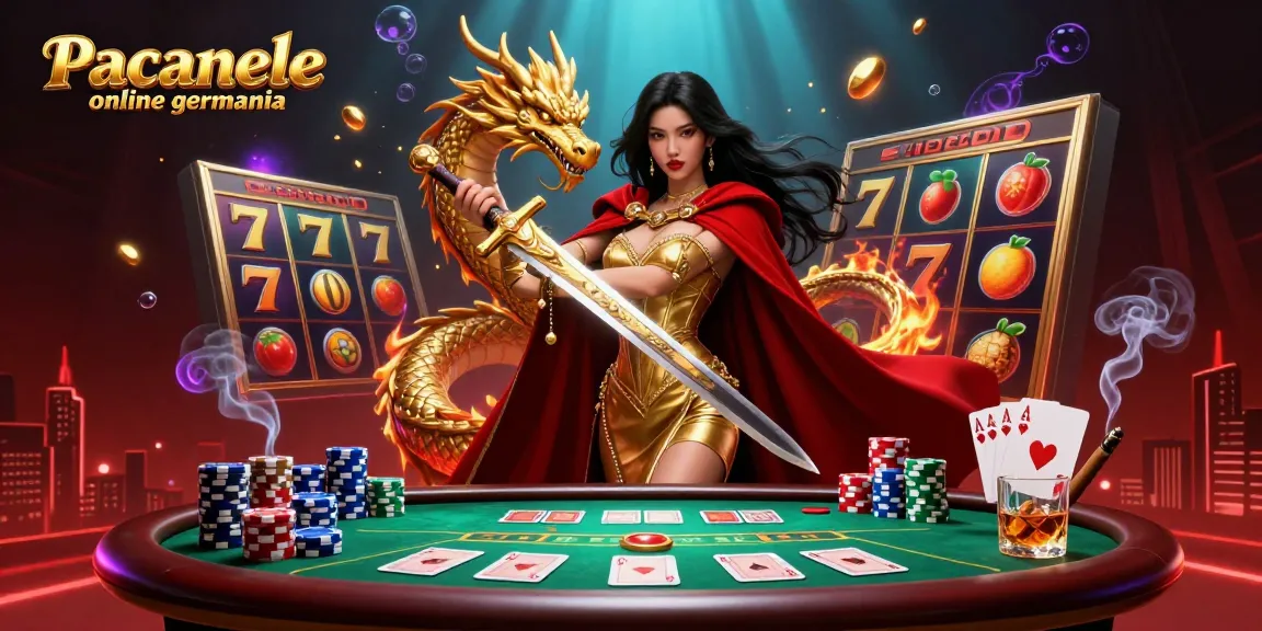 Experience the thrill of Pacanele online germania with vibrant slot reels and a warrior queen in a stunning casino setting.