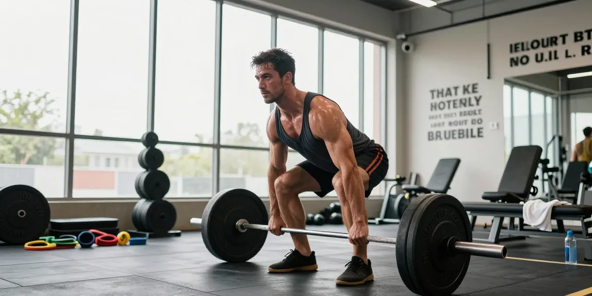 Anabolika Shop: Bodybuilder beim Deadlift im modernen Fitnessstudio, motivierende Atmosphäre.