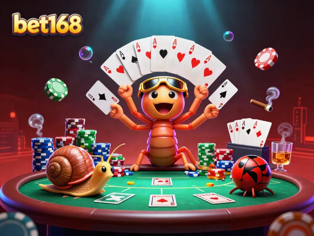 Engaging bet168 casino scene where cartoon millipede dealer showcases vibrant cards alongside a high-rolling snail and an excited pill bug, amidst colorful poker chips.