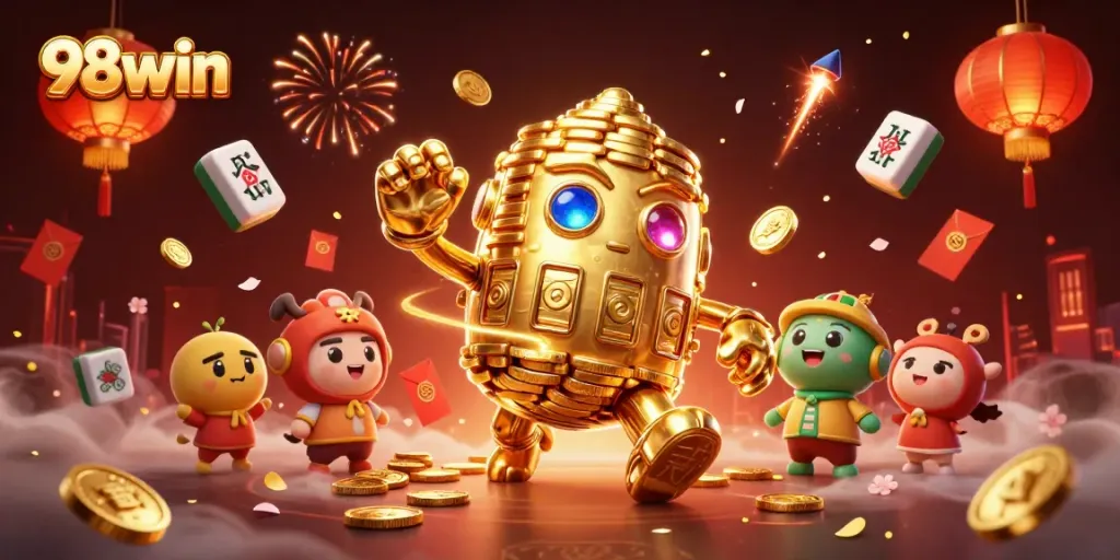 Spin the reels at 98win with a vivid 3D golem, glowing lanterns, and cherry blossoms.