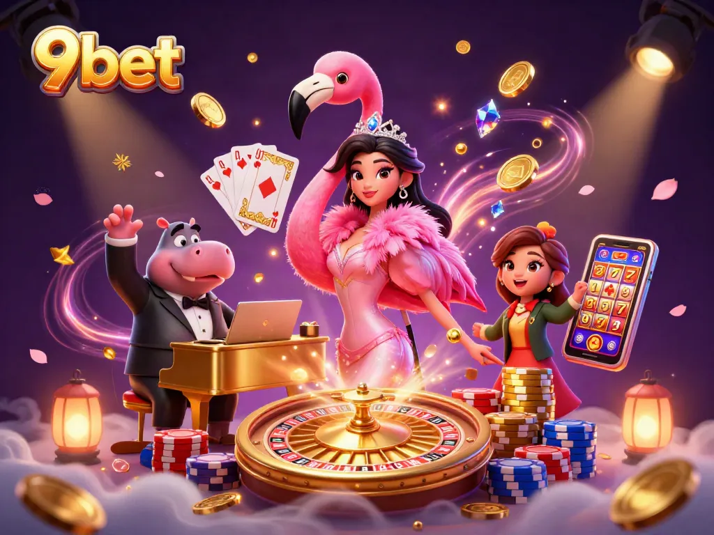 Experience thrilling wins with 9bet's vibrant 3D casino scene full of excitement and rewards.