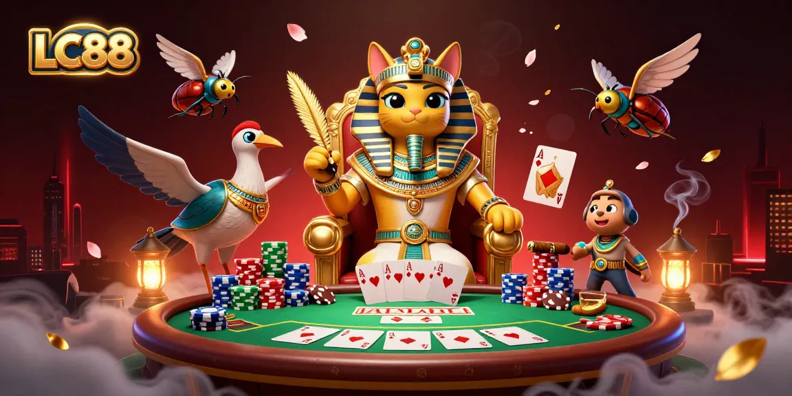 Engage with LC88 in this vibrant casino scene featuring characters playing poker and winning big.