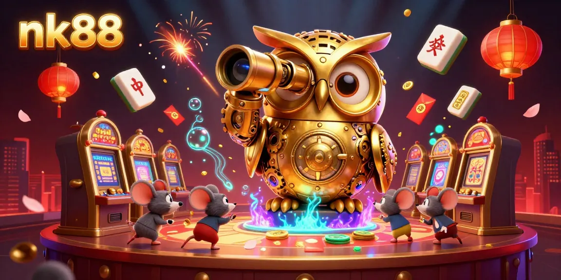 Engage with the dynamic nk88 casino scene featuring a golden owl and animated mouse patrons amidst immersive casino elements.
