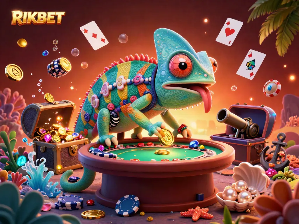 Experience RIKBET with a vibrant 3D chameleon casino owner amidst swirling gold coins and lively game elements.