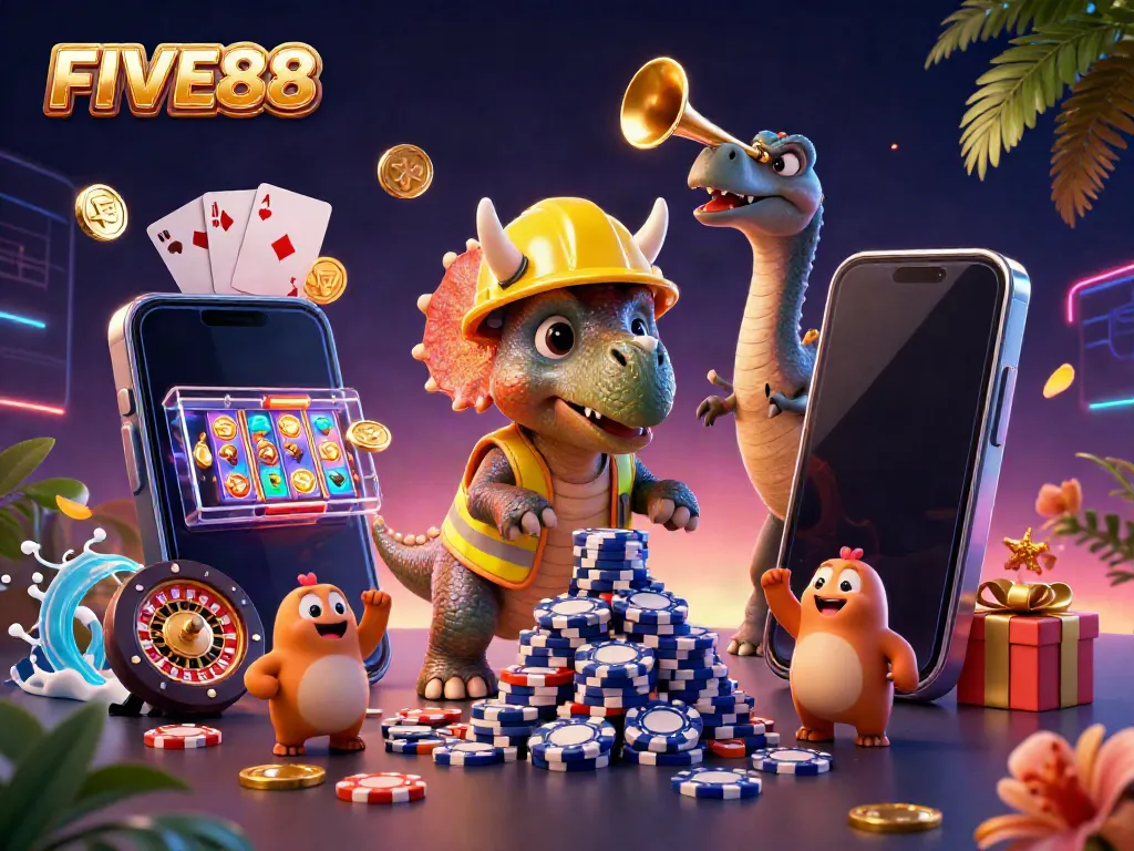 FIVE88's 3D cartoon scene celebrating casino wins with playful characters and vibrant game elements