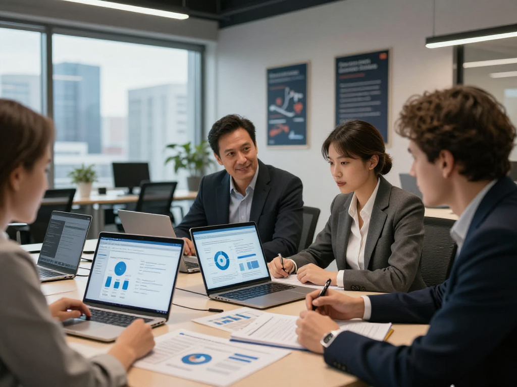 Collaborative team discussing Datenschutz Dienstleistung in a modern office setting, focusing on data privacy solutions.